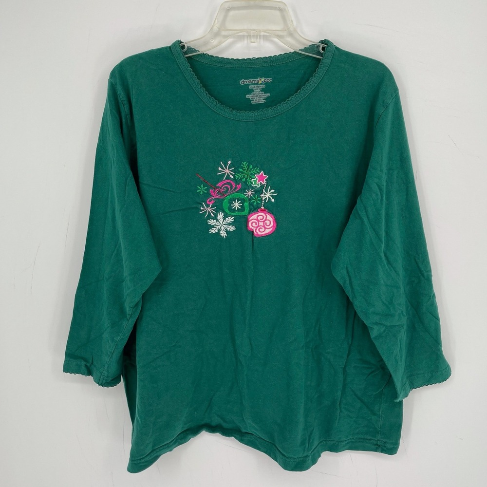 Dreams Co Women's Green Embroidered Christmas Ornament Long Sleeve Top Size 1X